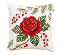 Henypt Kit de Crochet de Verrouillage Coussin fleur de rose rouge DIY Broderie Kit Tapis Point Noué à Faire pour Débutants, Latch Hook Canevas Coussin Point 43x43cm
