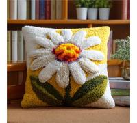 Henypt Kit de Crochet de Verrouillage Coussin marguerites blanches DIY Broderie Kit Tapis Point Noué à Faire pour Débutants, Latch Hook Canevas Coussin Point 43x43cm