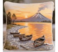 Henypt Kit de Crochet de Verrouillage Coussin Petit bateau en bois sur le lac DIY Broderie Kit Tapis Point Noué à Faire pour Débutants, Latch Hook Canevas Coussin Point 43x43cm