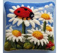 Henypt Kit Point Noué Á Faire Coussin Broderie Debutant,Coccinelles et marguerites,DIY Latch Hook Kit Complet Decoration Maison Manuelle Loisir Créatif Cadeaux,17x17in