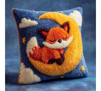 Henypt Kit Point Noué Á Faire Coussin Broderie Debutant,Le petit renard sur la lune,DIY Latch Hook Kit Complet Decoration Maison Manuelle Loisir Créatif Cadeaux,17x17in