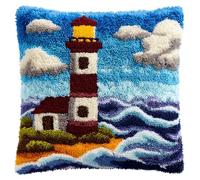 Henypt Kit Point Noué Á Faire Coussin Broderie Debutant,phare,DIY Latch Hook Kit Complet Decoration Maison Manuelle Loisir Créatif Cadeaux,17x17in