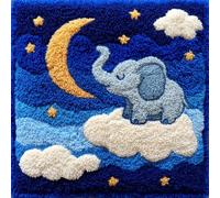 Henypt Kits de Crochet de Loquet Éléphant animal et lune Kits de Crochet à Faire Soi-même,Coussin au Point Noué,Latch Hook Canevas Coussin 43x43cm