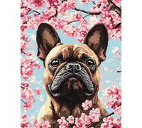 Henypt Kits De Point De Croix Estampé Bricolage 11Ct Couture Gamme Complète De Kits De Démarrage De Broderie Pré-Imprimés Pour Les Débutants - Bouledogue Français Sous Un Cerisier En Fleurs 40 X 50