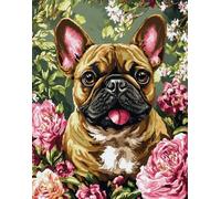 Henypt Kits De Point De Croix Estampé Bricolage 11Ct Couture Gamme Complète De Kits De Démarrage De Broderie Pré-Imprimés Pour Les Débutants - Bouledogue Français Et Fleurs 40 X 50 Cm Point De Croi