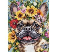 Henypt Kits De Point De Croix Estampé Bricolage 11Ct Couture Gamme Complète De Kits De Démarrage De Broderie Pré-Imprimés Pour Les Débutants - Bouledogue Français Et Fleurs 40 X 50 Cm Kit Broderie