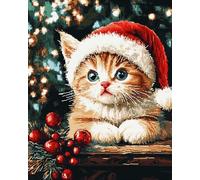 Henypt Kits de point de croix estampés,Un chaton portant un bonnet de Père Noël,Kits de canevas à motif - Kits de broderie artisanale pour adultes débutants cadeau,30x40cm