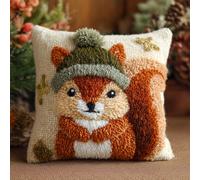 Henypt Latch Hook Cushion Kits,Écureuil portant un chapeau,Crochet Kit DIY Throw Pillow Covers Kits With Latch Hook Tool Fit For Kids And Adults,43x43cm