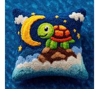 Henypt Latch Hook Cushion Kits for Adults,La petite tortue sur la lune,Pillowcase Kids Beginner DIY Needlework Embroidery Kits Handmade Set Craft Sofa Home Decor 43x43cm