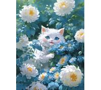 Henypt Point de Croix Kit Complet Chat blanc de dessin animé Animal DIY Cross Stitch Kit Adultes Débutants,Avec Accessoires Art Mural Pour La Maison 14CT 40x50cm