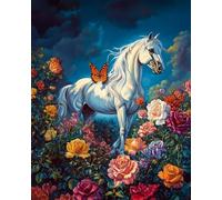 Henypt Point De Croix Kit Complet, Cheval Et Papillon Debout Parmi Les Roses 11Ct Canevas Debutant Broderie Imprimé,Diy Kit Broderie Point De Croix,Badge Magique