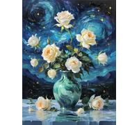 Henypt Point de Croix Kit Complet roses blanches Fleurs DIY Canevas Kit Complet Adultes Débutants,Avec Accessoires Art Mural Pour La Maison 14CT 40x50cm