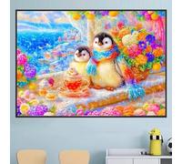 Henypt Point De Croix Kit Complet, Thé De L'Après-Midi Pingouin 40X50Cm 11Ct Canevas Debutant Broderie Imprimé,Diy Kit Broderie Point De Croix