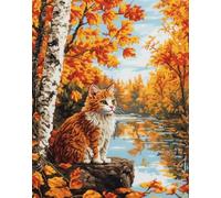 Henypt Point De Croix Kit Complet, Un Chat Dans Une Forêt D'Érables 40 X 50 Cm 11Ct Canevas Debutant Broderie Imprimé,Diy Kit Broderie Point De Croix,Badge Magique