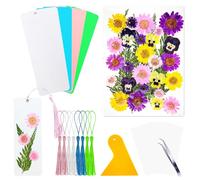 HEOCAKR Lot de 8 marque-pages vierges en papier cartonné pour fleurs pressées - Kit de fabrication de marque-pages avec 36 fleurs pressées, 8 pompons, marque-pages pour fleurs séchées