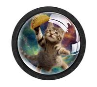 HEOEH Lot de 4 boutons d'armoire noirs Galaxy Cat Taco, poignées de tiroir avec 2 tailles de vis, trou unique pour cuisine, commode, armoire, commode, meubles