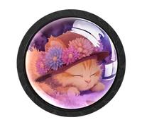 HEOEH Lot de 4 boutons d'armoire ronds noirs en forme de chat endormi pour armoires de cuisine et de salle de bain