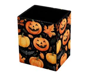 HEOEH Pot à crayons carré en cuir synthétique, citrouilles, chauve-souris, feuilles d'automne, papeterie de bureau, porte-pinceaux de maquillage, organisateur de bureau pour la maison et l'école