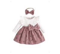 HEOXIN 2 pcs Fille Robe et Nœud Bandeau Ensemble, Bébé Col Rond Côtelé Manches Longues, Naissance A-Ligne Ceinture Élastiqu Imprimé Princesse Jupe Tenues, Elegant Automne Hiver 18-24 M, Rose