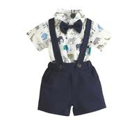 HEOXIN Bébé Costume Garçon Gentleman, Vêtements Bébé Costume Gentleman Nœud Papillon Boutons Pression l'entrejambe Nouveau-né, Ensemble Bébé Short à Bretelles Extensible avec Boutons, Bleu, 3-6 Mois