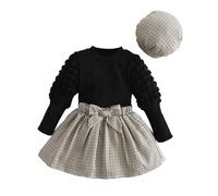 HEOXIN Bébé Fille Carreaux Mini Jupe, Jupe à Carreaux + Tops + Chapeau 3PCS Set, Princesse Robe avec Nœud Papillon, à Manches Bouffantes Top et Chapeau pour Enfants 4-5 Ans, Noir