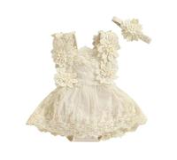 HEOXIN Bébé Fille Nouveau-né Robe Chasuble, Robe D'été avec Broderie de Fleurs en Dentelle et Tutu, Robes de Princesse sans Manches avec Bandeau de Fleurs Bodysuit pour 2-3 Ans, Beige