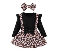 HEOXIN Bébé Nouveau-né Imprimé Léopard Bowknot Mini Jupe, Barboteuse + Porte Jarretelles Jupe + Bandeaux 3PCS Set, Volants Côtelé Barboteuse Top avec Bandeaux pour Fille Enfant 18 Mois- 24 Mois, Noir
