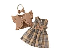 HEOXIN Ensemble 2 Pièces pour Bébé Fille, Robe à Carreaux + Cardigan, Robe sans Manches à Nœud Princesse et Rayures, et Manteau à Manches Volantées avec Bandeau pour Les 2 Ans à 3 Ans, Marron