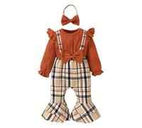 HEOXIN Ensemble Bébé Fille 2 Pièces, Grenouillere Vetement à Manches Longues Volantées avec Nœud Papillon, Combinaison Bodysuits avec Motifs à Carreaux et Bandeau pour Bébé de 6-9 Mois, Marron