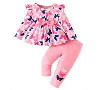 HEOXIN Ensemble Bébé Fille 2 Pièces, Vetement Bébé Manches Longues Volants Chemise, Chemise avec Nœud Papillon Motif Papillon et Pantalon, Ensemble Naissance pour 2-3 Années, Rose