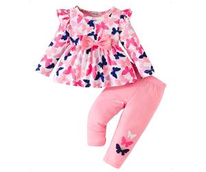 HEOXIN Ensemble Bébé Fille 2 Pièces, Vetement Bébé Manches Longues Volants Chemise, Chemise avec Nœud Papillon Motif Papillon et Pantalon, Ensemble Naissance pour 2-3 Années, Rose