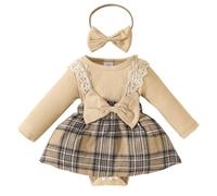 HEOXIN Ensemble Bébé Fille 2 Pièces, Vetement Bébé Manches Longues Volants Combinaison, Robe à Carreaux et Bandeau avec Nœud Papillon, Ensemble Naissance pour 6-9 Mois, Apricot