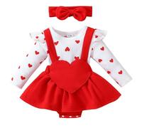 HEOXIN Ensemble Bébé Fille 2 Pièces, Vetement Bébé Manches Longues Volants Combinaison, Robe avec Cœur et Bandeau avec Nœud Papillon, Ensemble Naissance pour 9-12 Mois, Rouge