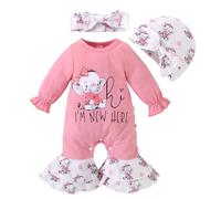 HEOXIN Ensemble Bébé Fille 3 Pièces, Vetement Bebe avec Eléphant, Manches Longues Volantées Combinaison Bébé Chapeau et Bandeau Éléphant Imprimé, Ensemble Naissance pour 0-3 Mois, Rose