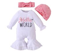 HEOXIN Ensemble Bébé Fille 3 Pièces, Vetement Bebe avec Hello World Lettres, Manches Longues Volantées Combinaison Bébé Chapeau et Bandeau, Ensemble Naissance pour 0 Mois, Blanc