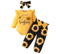 HEOXIN Ensemble Bébé Fille 3 Pièces, Vetement Bebe avec You are My Sunshine, Manches Longues Combinaison Pantalon con Nœud Papillon et Tournesol Bandeau, Ensemble Naissance pour 9-12 Mois, Jaune
