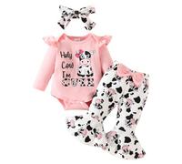 HEOXIN Ensemble Bébé Fille 3 Pièces, Vetement Bebe Combinaison avec Holy Cow I'M Cute, Manches Longues Volants Pantalon Evasé avec Vache à Lait Bandeau, Ensemble Naissance pour 9-12 Mois, Rose