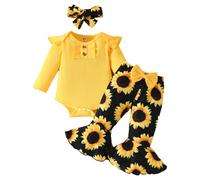 HEOXIN Ensemble Bébé Fille 3 Pièces, Vetement Bébé Manches Longues Volants Combinaison, Pantalon Evasé avec Nœud Papillon et Motif Tournesol Bandeau, Ensemble Naissance pour 6-9 Mois, Jaune