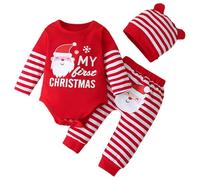 HEOXIN Ensemble Bébé Fille 3 Pièces, Vetement Manches Longues Combinaison avec My First Christmas, Jour de Noël Barboteuse Rayée avec Pantalon à Père Noël et Bonnet, Ensemble pour 12-18 Mois, Rouge
