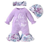 HEOXIN Ensemble Bébé Fille, Vetement Bébé avec Hi I'm New Here Lettres, Manches Longues Volantées Combinaison Bébé Chapeau et Bandeau Papillon Imprimé, Ensemble Naissance pour 0-3 Mois, Violet