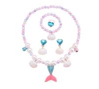 HEOXIN Ensemble bijoux sirène fille collier boucle d'oreille bracelet cordon élastique forme queue poisson cordon élastique forme coquillage ajustable ensemble petite cadeau d'anniversaire, bleu