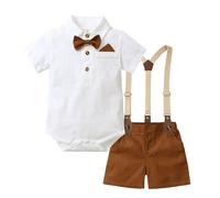 HEOXIN Ensemble Costume Bebe Garçon, Chemise à Manches Courtes Avec Nœud Papillon + Bretelles et Short, Combinaison pour Bébé Garçon Vêtements Bebe Garcon Automne, Marron 9-12 Mois