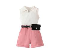 HEOXIN Ensemble de vêtements 3 pièces bébé fille, col en V, short polo sans manches avec poches, tenue d'été, gilet côtelé nouveau-né petite fille, ensemble portefeuille à ceinture assortie 18-24 mois
