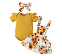 HEOXIN Ensemble de Vêtements Bébé Fille, Combinaison Manches Courtes Volants et Boutons Pression à l'entrejambe, Tournesol Extensible Bretelles Button Jupe Nœud Papillon Bandeau Tenue, 12-18 Mois