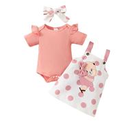 HEOXIN Ensemble de Vêtements Bébé Fille, Combinaison Manches Courtes Volants et Boutons Pression l'entrejambe, Ensemble Bébé Ours Rose, Jupe à Bretelles à Pois, Bandeau avec Nœud Papillon, 0-3 Mois