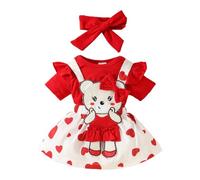 HEOXIN Ensemble de Vêtements Bébé Fille, Combinaison Manches Courtes Volants et Boutons Pression l'entrejambe, Rouge Love Ours Extensible Bretelles Button Jupe Nœud Papillon Bandeau Tenue, 0-3 Mois
