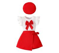 HEOXIN Ensemble de Vêtements Bébé Fille, Ensemble Bébé Fille à Manches Volants avec Gros Nœud Décoratif, Rouge Stretchy Extensible Jupe Bébé Enfants Chapeau Vêtement, 18-24 Mois