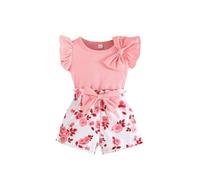 HEOXIN Ensemble de vêtements pour bébé fille, bord à volants, manches courtes, col rond, nœud décoratif, motif floral, short extensible, vêtements d'été pour filles, rose, 12-18 mois
