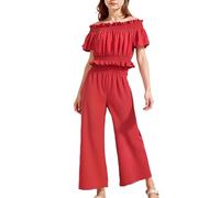 HEOXIN Ensemble de Vêtements pour Filles, Haut à Épaules Dénudées et Manches à Volants Taille Cintrée + Pantalon Large Taille Haute Élastique, Vêtements D'été pour Enfants Fille, Rouge 12 Ans