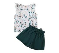 HEOXIN Ensemble Fille T-Shirt Sans Manches Imprimé + Short + Ceinture Vêtements Fille Pour Enfants Ensembles Avec Manches à Volants, Vert, 2-3 Ans